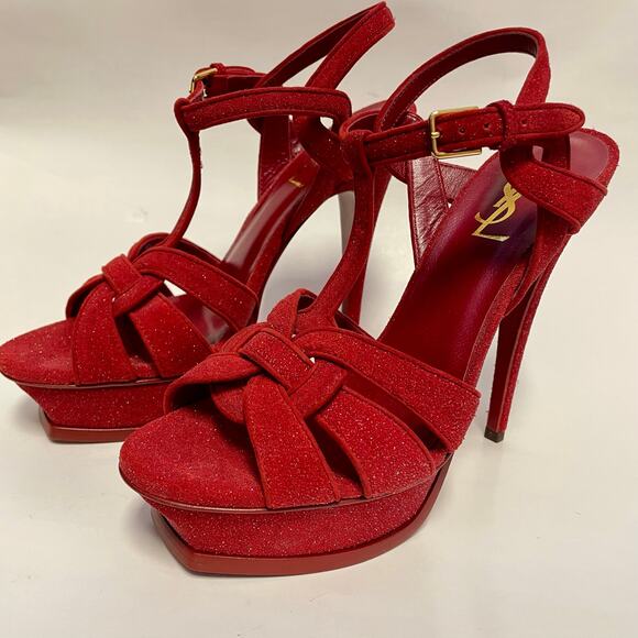 SAINT LAURENT YSL Tribute Platform Heels Red Suede Quartz Glitter EU 38.5/US 8.5 - Picture 2 of 11